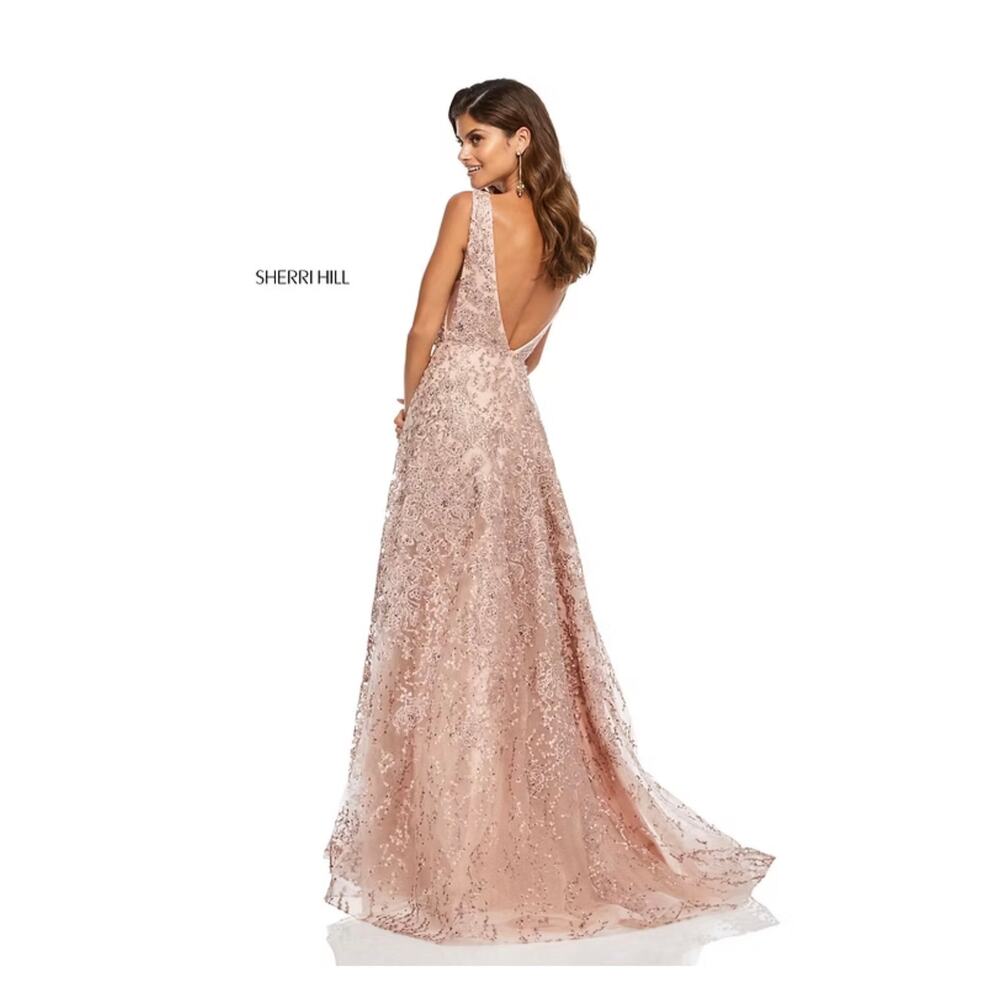 Sherri Hill 52877 Blush Nude V-Neck Floral Shimmer Sparkle 2019 Prom Dress 6 - Picture 2 of 9